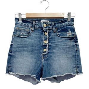 Good American High Rise Button Fly Denim Shorts Blue Distressed Hem Size 4 | 27